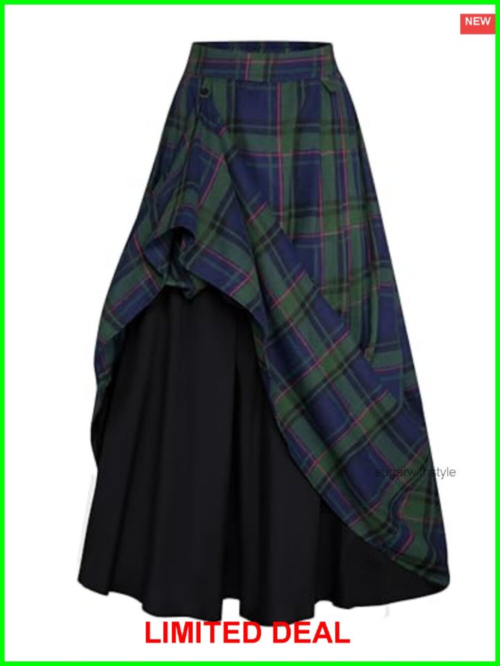 High Waist Plaid Maxi Skirt Drawstring Convertible High-Low Hem Pull-On